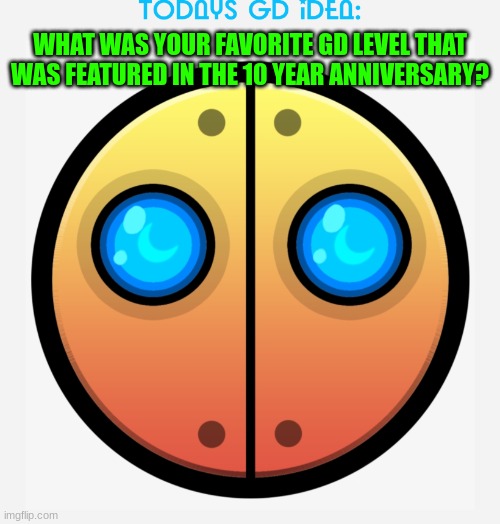 Mine is B for some reason | WHAT WAS YOUR FAVORITE GD LEVEL THAT WAS FEATURED IN THE 10 YEAR ANNIVERSARY? | image tagged in gd idea template | made w/ Imgflip meme maker