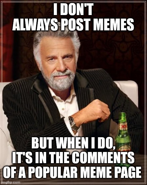 Comments meme | I DON'T ALWAYS POST MEMES; BUT WHEN I DO, IT'S IN THE COMMENTS OF A POPULAR MEME PAGE | image tagged in memes,the most interesting man in the world | made w/ Imgflip meme maker