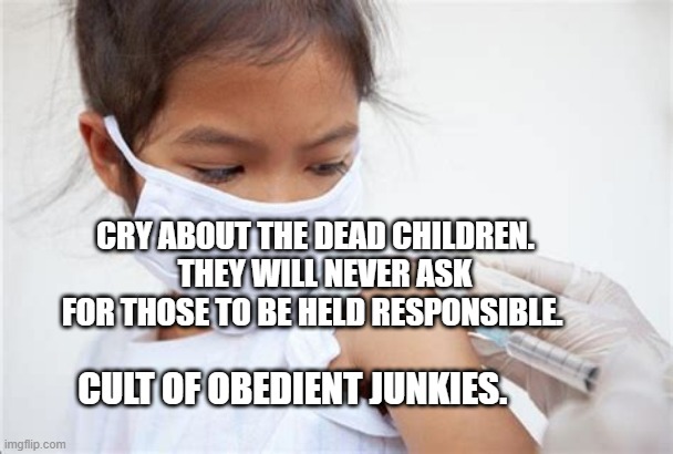 VACCINATED CHILD | CRY ABOUT THE DEAD CHILDREN.    THEY WILL NEVER ASK FOR THOSE TO BE HELD RESPONSIBLE. CULT OF OBEDIENT JUNKIES. | image tagged in vaccinated child | made w/ Imgflip meme maker