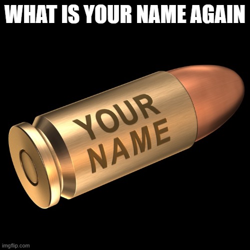 Bullet with your name on it | WHAT IS YOUR NAME AGAIN | image tagged in bullet with your name on it | made w/ Imgflip meme maker