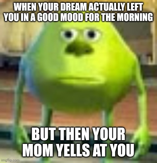 Mostly my dreams are either mid or wtf is this, but when it actually makes sense and is a GOOD story, I want to keep it likethat | WHEN YOUR DREAM ACTUALLY LEFT YOU IN A GOOD MOOD FOR THE MORNING; BUT THEN YOUR MOM YELLS AT YOU | image tagged in sully wazowski | made w/ Imgflip meme maker