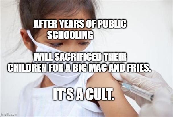 VACCINATED CHILD | AFTER YEARS OF PUBLIC SCHOOLING                                  WILL SACRIFICED THEIR CHILDREN FOR A BIG MAC AND FRIES. IT'S A CULT. | image tagged in vaccinated child | made w/ Imgflip meme maker