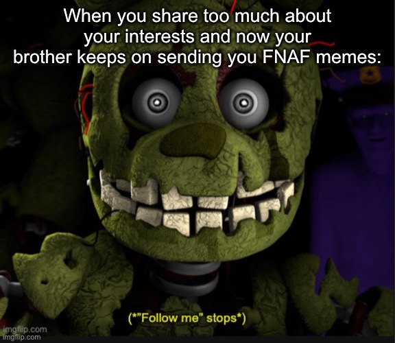 Kill me now :’) | When you share too much about your interests and now your brother keeps on sending you FNAF memes: | image tagged in follow me stops | made w/ Imgflip meme maker