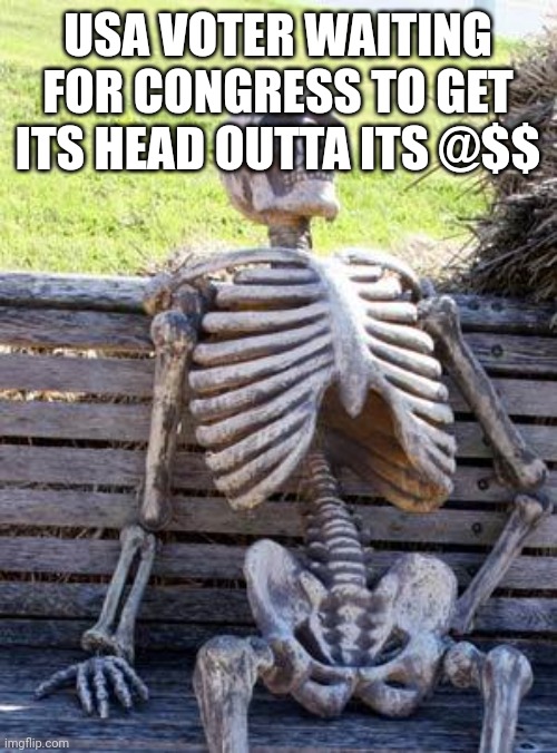 Still Waiting | USA VOTER WAITING FOR CONGRESS TO GET ITS HEAD OUTTA ITS @$$ | image tagged in memes,waiting skeleton,congress,ostrich | made w/ Imgflip meme maker