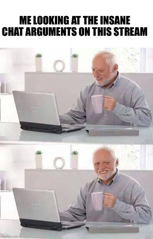 Heheh… wtf | ME LOOKING AT THE INSANE CHAT ARGUMENTS ON THIS STREAM | image tagged in memes,hide the pain harold,funny memes | made w/ Imgflip meme maker