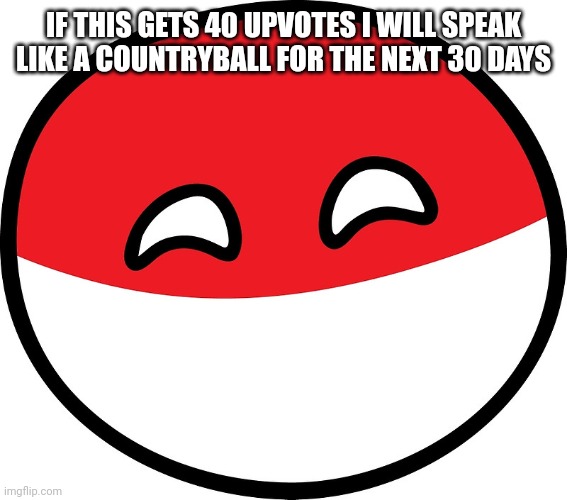 Polandball | IF THIS GETS 40 UPVOTES I WILL SPEAK LIKE A COUNTRYBALL FOR THE NEXT 30 DAYS | image tagged in polandball | made w/ Imgflip meme maker