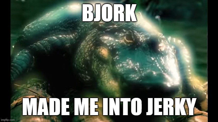 Bjork Made Me Into Jerky | BJORK; MADE ME INTO JERKY | image tagged in bjork,music,memes,alligator,funny,a random meme | made w/ Imgflip meme maker