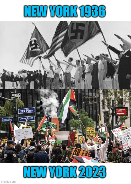 Any Questions? | NEW YORK 1936; NEW YORK 2023 | image tagged in nazi,palestinians,hamas,evil,democrats,leftists | made w/ Imgflip meme maker