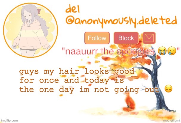 NOOOOOO | guys my hair looks good for once and today is the one day im not going out 😔 | image tagged in del announcement fall | made w/ Imgflip meme maker