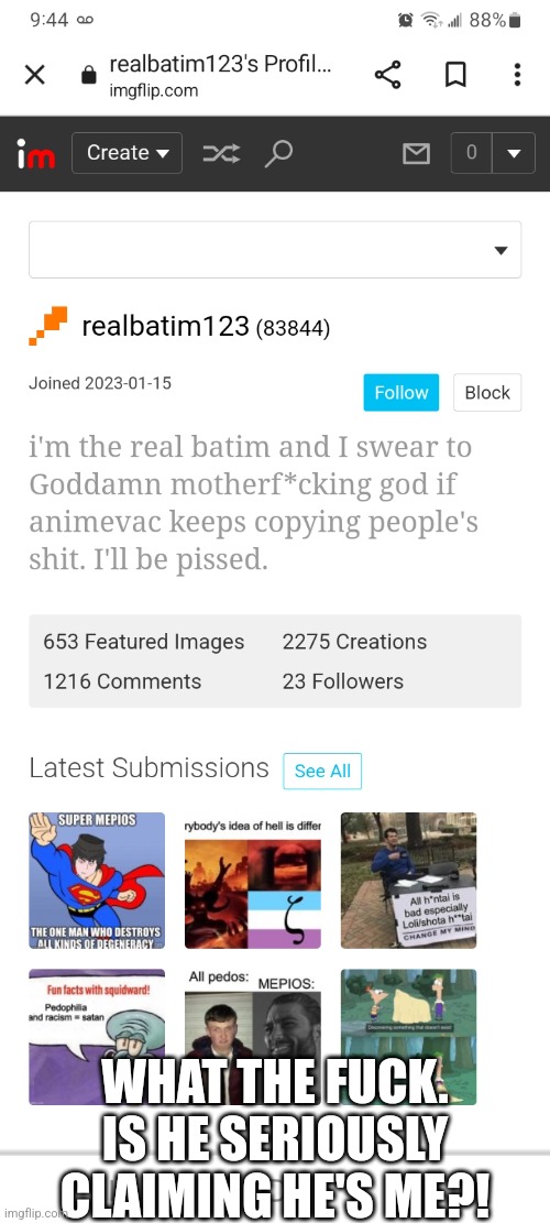 THAT IS NOT ME. THAT IS OBVIOUSLY ANIMEVAC. | WHAT THE FUCK. IS HE SERIOUSLY CLAIMING HE'S ME?! | image tagged in mepios,mepios sucks,anti furry,furry,brothers to the end | made w/ Imgflip meme maker