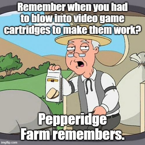 Pepperidge Farm Remembers | Remember when you had to blow into video game cartridges to make them work? Pepperidge Farm remembers. | image tagged in memes,pepperidge farm remembers | made w/ Imgflip meme maker