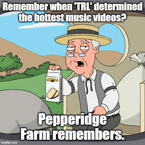 Pepperidge Farm Remembers | Remember when 'TRL' determined the hottest music videos? Pepperidge Farm remembers. | image tagged in memes,pepperidge farm remembers | made w/ Imgflip meme maker