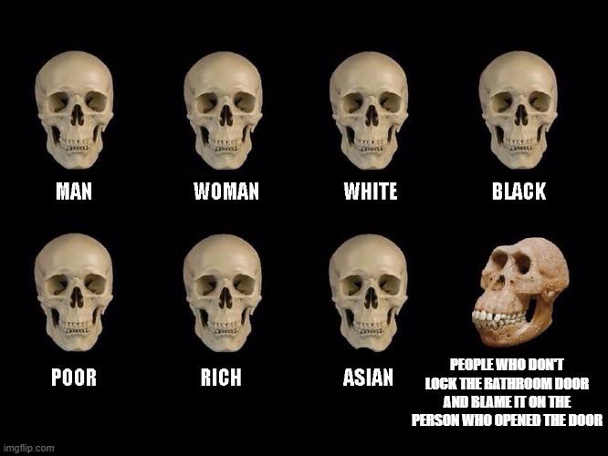 empty skulls of truth | PEOPLE WHO DON'T LOCK THE BATHROOM DOOR AND BLAME IT ON THE PERSON WHO OPENED THE DOOR | image tagged in empty skulls of truth,bathroom,door | made w/ Imgflip meme maker