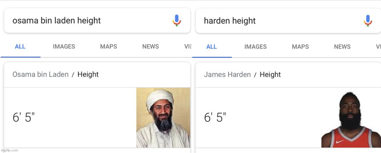 that's crazy bro. Osama could've been balling on the enemy and not blowing them up | image tagged in osama and james harden have the same height | made w/ Imgflip meme maker