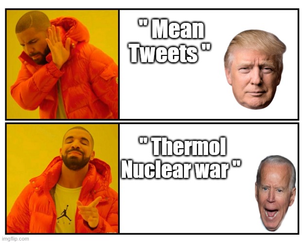 What would you Rather? | " Mean Tweets "; " Thermol Nuclear war " | image tagged in biden,psychopaths and serial killers,democrats | made w/ Imgflip meme maker