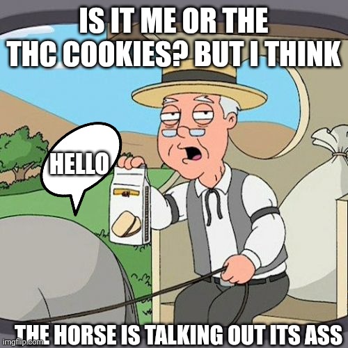 Pepperidge Farm Remembers Meme | IS IT ME OR THE THC COOKIES? BUT I THINK; HELLO; THE HORSE IS TALKING OUT ITS ASS | image tagged in memes,pepperidge farm remembers | made w/ Imgflip meme maker