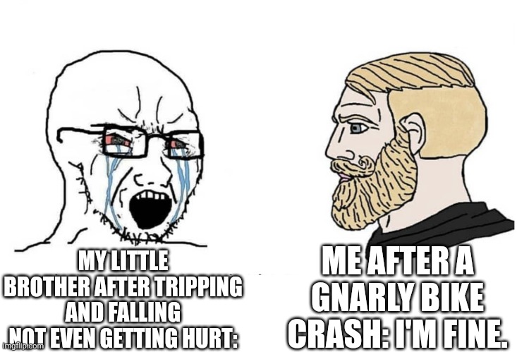 Little bros are annoying. | MY LITTLE BROTHER AFTER TRIPPING AND FALLING NOT EVEN GETTING HURT:; ME AFTER A GNARLY BIKE CRASH: I'M FINE. | image tagged in soyboy vs yes chad | made w/ Imgflip meme maker