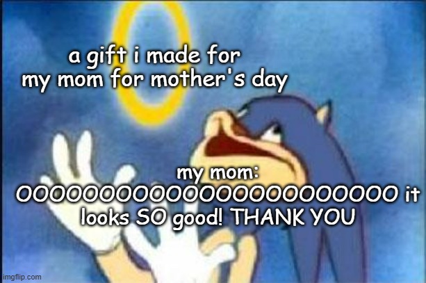 OOOOOOOOOOOOOOOOOOOOOOOOOOOOOOOOO THANK YOU | a gift i made for my mom for mother's day; my mom: OOOOOOOOOOOOOOOOOOOOOOO it looks SO good! THANK YOU | image tagged in sonic derp | made w/ Imgflip meme maker