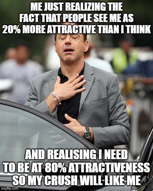 ahhh a girlfriend irl | ME JUST REALIZING THE FACT THAT PEOPLE SEE ME AS 20% MORE ATTRACTIVE THAN I THINK; AND REALISING I NEED TO BE AT 80% ATTRACTIVENESS SO MY CRUSH WILL LIKE ME | image tagged in relief | made w/ Imgflip meme maker