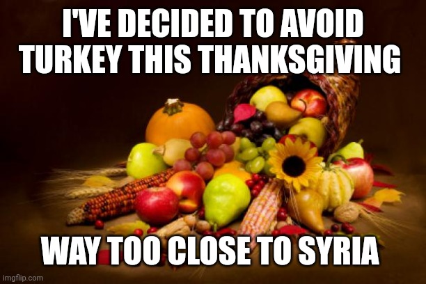 Thanksgiving | I'VE DECIDED TO AVOID TURKEY THIS THANKSGIVING; WAY TOO CLOSE TO SYRIA | image tagged in thanksgiving | made w/ Imgflip meme maker