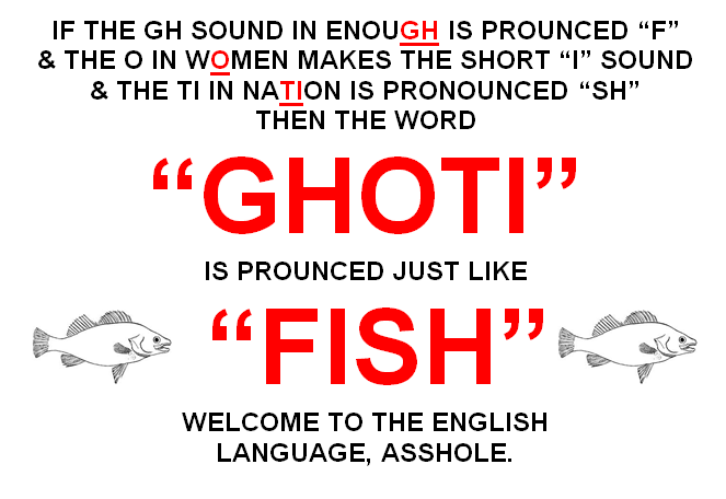 ghoti is pronounced just like fish in the english language | image tagged in funny,bizarre/oddities
