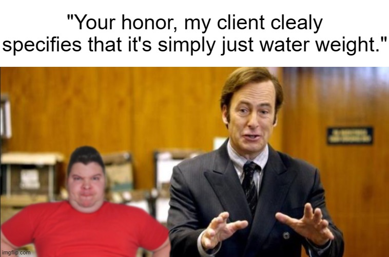I check Nikocado's channel every few months to see if he's still alive. | "Your honor, my client clealy specifies that it's simply just water weight." | image tagged in memes,nikocado avocado,edits,saul goodman,better call saul,i like men | made w/ Imgflip meme maker