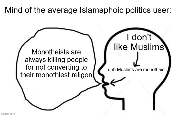they keep on coming up with clever veiling of their hate | Mind of the average Islamaphoic politics user:; I don't like Muslims; Monotheists are always killing people for not converting to their monothiest religon; uhh Muslims are monotheist | image tagged in clever thoughts blank | made w/ Imgflip meme maker