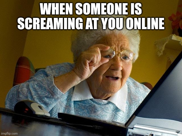 Grandma Finds The Internet Meme | WHEN SOMEONE IS SCREAMING AT YOU ONLINE | image tagged in memes,grandma finds the internet | made w/ Imgflip meme maker