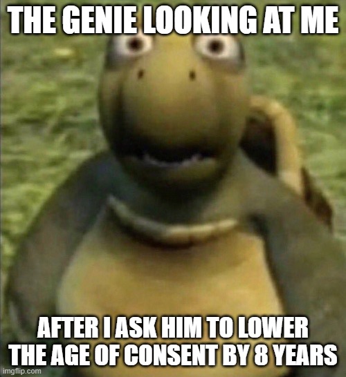 Genie | THE GENIE LOOKING AT ME; AFTER I ASK HIM TO LOWER THE AGE OF CONSENT BY 8 YEARS | image tagged in genie | made w/ Imgflip meme maker