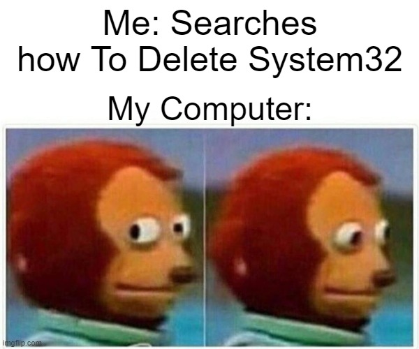 Monkey Puppet Meme | Me: Searches how To Delete System32; My Computer: | image tagged in memes,monkey puppet | made w/ Imgflip meme maker