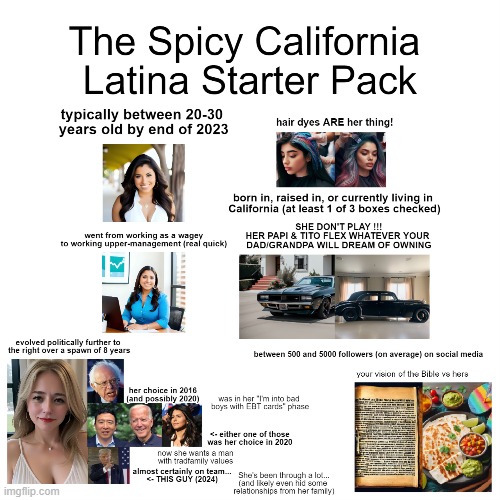 The Spicy California Latina Starter Pack (found this on Reddit) | image tagged in spicy,california,latina,starter pack | made w/ Imgflip meme maker