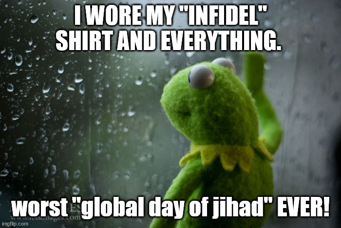 Lame Jihad | I WORE MY "INFIDEL" SHIRT AND EVERYTHING. worst "global day of jihad" EVER! | image tagged in kermit window,terrorism | made w/ Imgflip meme maker