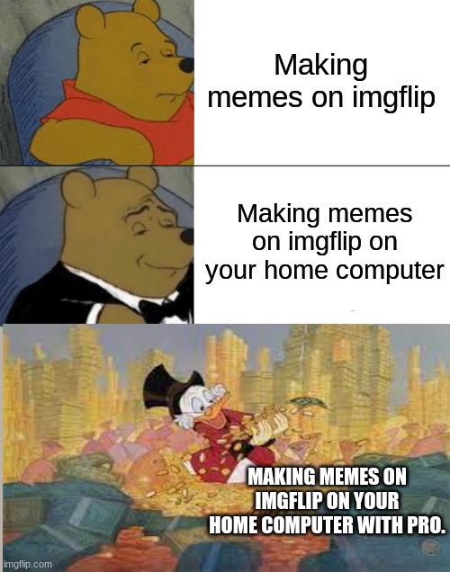 We all know that I and half the people on here make memes on there school computers and yes mine is with me at home. | Making memes on imgflip; Making memes on imgflip on your home computer; MAKING MEMES ON IMGFLIP ON YOUR HOME COMPUTER WITH PRO. | image tagged in memes,tuxedo winnie the pooh,money | made w/ Imgflip meme maker