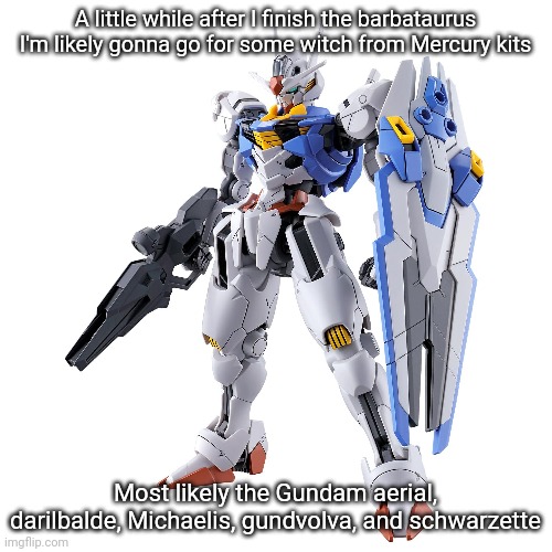 "a little while" is probably gonna be a few weeks. I've heard the g witch kits are pretty good. Not getting them all at once tho | A little while after I finish the barbataurus I'm likely gonna go for some witch from Mercury kits; Most likely the Gundam aerial, darilbalde, Michaelis, gundvolva, and schwarzette | made w/ Imgflip meme maker