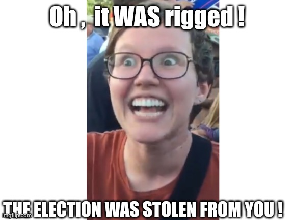 Blank White Template | Oh ,  it WAS rigged ! THE ELECTION WAS STOLEN FROM YOU ! | image tagged in blank white template | made w/ Imgflip meme maker
