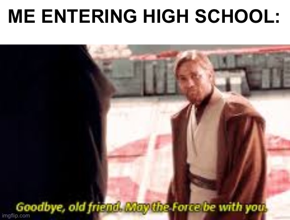 See ya, guys. It’s been fun. | ME ENTERING HIGH SCHOOL: | image tagged in goodbye old friend may the force be with you | made w/ Imgflip meme maker