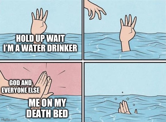 High Five Drown | HOLD UP WAIT I’M A WATER DRINKER ME ON MY DEATH BED GOD AND EVERYONE ELSE | image tagged in high five drown | made w/ Imgflip meme maker