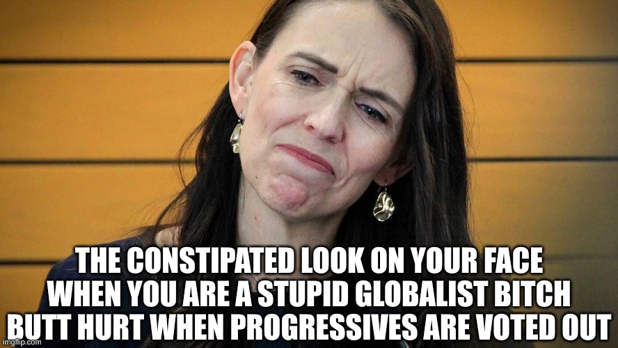 NZ went Conservative after this Fear Mongering Dipshit | THE CONSTIPATED LOOK ON YOUR FACE WHEN YOU ARE A STUPID GLOBALIST BITCH BUTT HURT WHEN PROGRESSIVES ARE VOTED OUT | made w/ Imgflip meme maker
