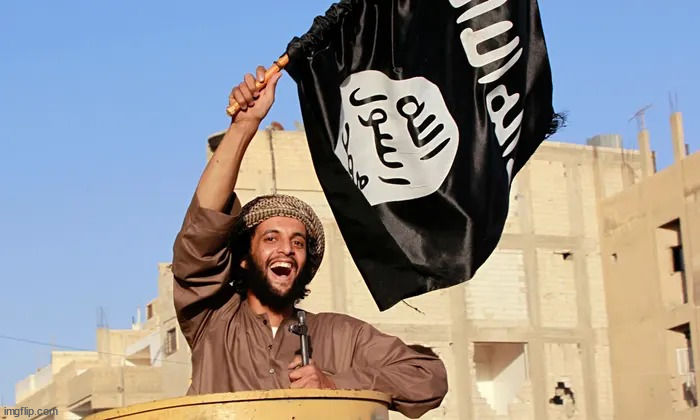 caption this i will post the funniest caption with the meme | image tagged in isis solider smiling with banner | made w/ Imgflip meme maker