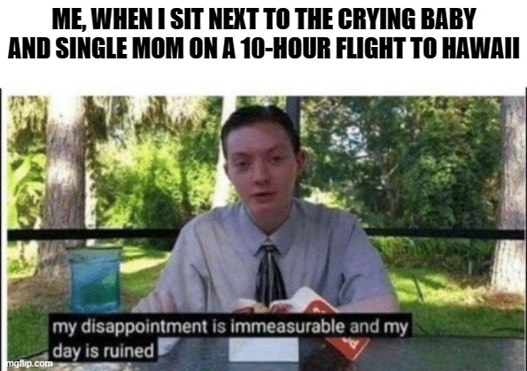 My dissapointment is immeasurable and my day is ruined | ME, WHEN I SIT NEXT TO THE CRYING BABY AND SINGLE MOM ON A 10-HOUR FLIGHT TO HAWAII | image tagged in my dissapointment is immeasurable and my day is ruined | made w/ Imgflip meme maker