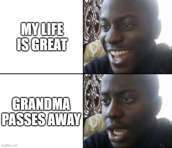 Happy / Shock | MY LIFE IS GREAT; GRANDMA PASSES AWAY | image tagged in happy / shock | made w/ Imgflip meme maker