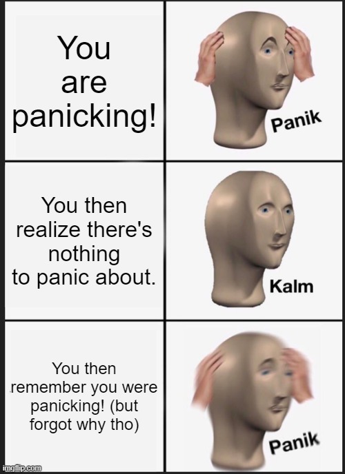 Panik Kalm Panik | You are panicking! You then realize there's nothing to panic about. You then remember you were panicking! (but forgot why tho) | image tagged in memes,panik kalm panik | made w/ Imgflip meme maker