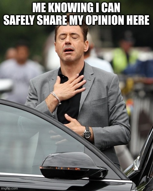 Relief | ME KNOWING I CAN SAFELY SHARE MY OPINION HERE | image tagged in relief | made w/ Imgflip meme maker