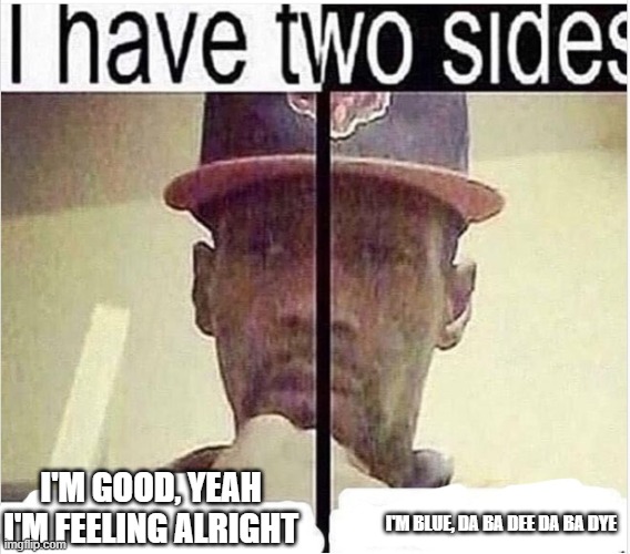 I Have Two Sides | I'M GOOD, YEAH I'M FEELING ALRIGHT; I'M BLUE, DA BA DEE DA BA DYE | image tagged in i have two sides | made w/ Imgflip meme maker