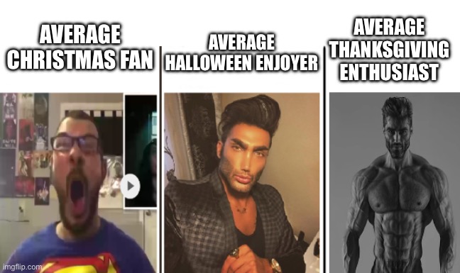 Nerd vs Chad vs Giga Chad | AVERAGE HALLOWEEN ENJOYER; AVERAGE THANKSGIVING ENTHUSIAST; AVERAGE CHRISTMAS FAN | image tagged in nerd vs chad vs giga chad | made w/ Imgflip meme maker