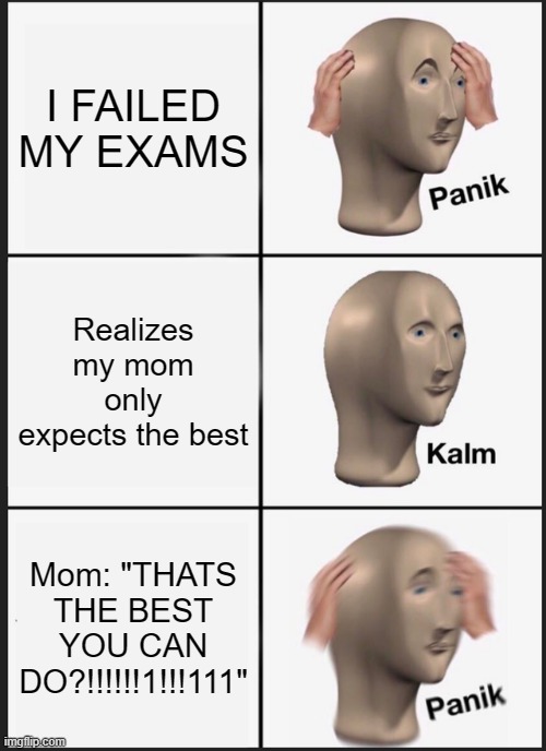 NVER ASSUME | I FAILED MY EXAMS; Realizes my mom only expects the best; Mom: "THATS THE BEST YOU CAN DO?!!!!!!1!!!111" | image tagged in memes,panik kalm panik | made w/ Imgflip meme maker