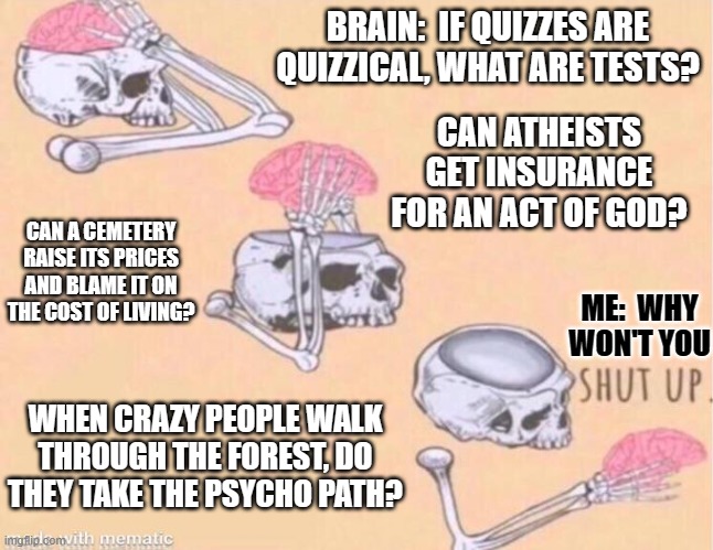 skeleton shut up meme | BRAIN:  IF QUIZZES ARE QUIZZICAL, WHAT ARE TESTS? CAN ATHEISTS GET INSURANCE FOR AN ACT OF GOD? CAN A CEMETERY RAISE ITS PRICES AND BLAME IT ON THE COST OF LIVING? ME:  WHY WON'T YOU; WHEN CRAZY PEOPLE WALK THROUGH THE FOREST, DO THEY TAKE THE PSYCHO PATH? | image tagged in skeleton shut up meme | made w/ Imgflip meme maker
