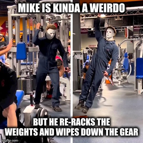 michael gainz | MIKE IS KINDA A WEIRDO; BUT HE RE-RACKS THE WEIGHTS AND WIPES DOWN THE GEAR | image tagged in memes | made w/ Imgflip meme maker