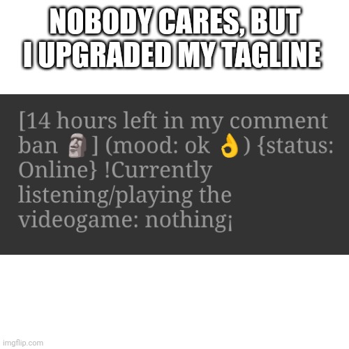 Nobody cares | NOBODY CARES, BUT I UPGRADED MY TAGLINE | image tagged in see nobody cares | made w/ Imgflip meme maker