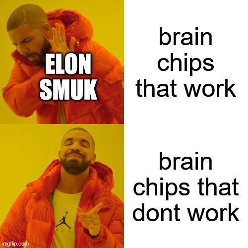 Drake Hotline Bling Meme | brain chips that work brain chips that dont work ELON SMUK | image tagged in memes,drake hotline bling | made w/ Imgflip meme maker